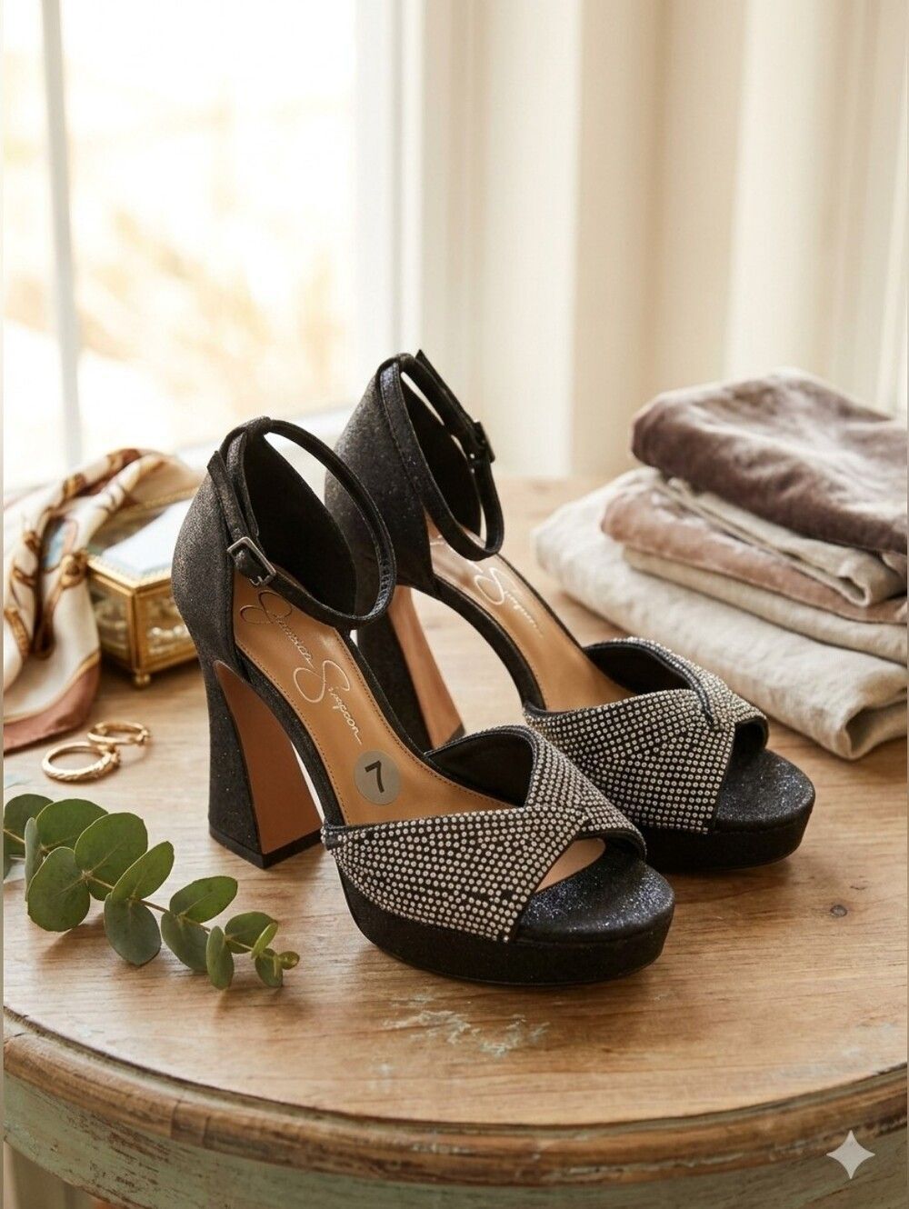 Jessica Simpson Black Rhinestone Platform Sandals - Size 7